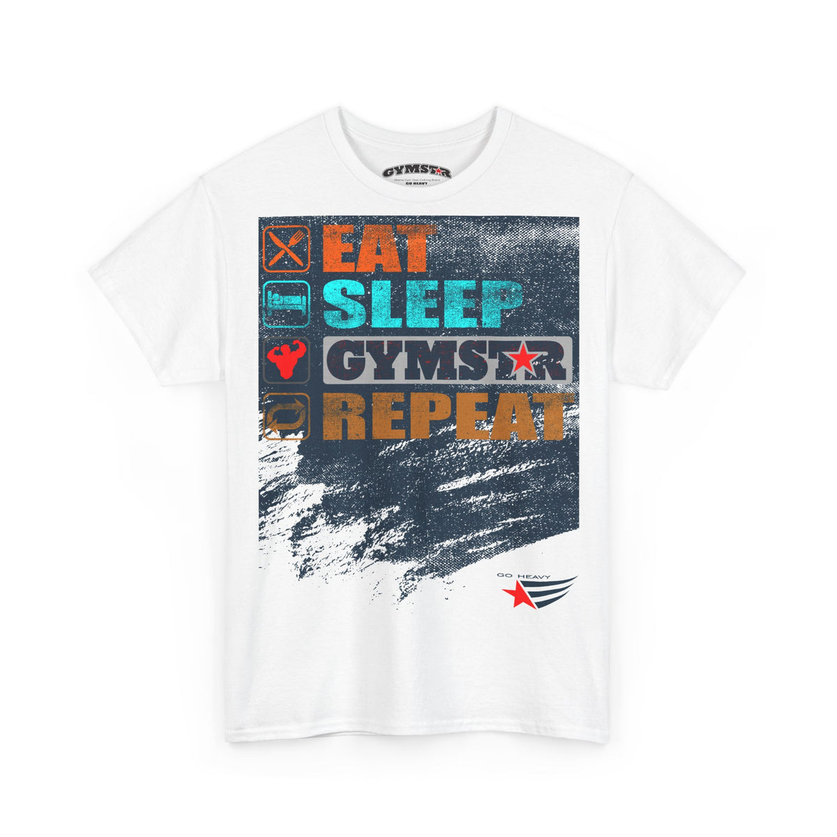 A white short-sleeve crewneck t-shirt featuring a colorful graphic print on the front with the words 'EAT SLEEP GYMSTAR REPEAT' in orange, teal, and gray block letters over a distressed dark blue and white paint-splatter background.