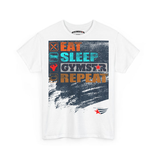 A white short-sleeve crewneck t-shirt featuring a colorful graphic print on the front with the words 'EAT SLEEP GYMSTAR REPEAT' in orange, teal, and gray block letters over a distressed dark blue and white paint-splatter background.