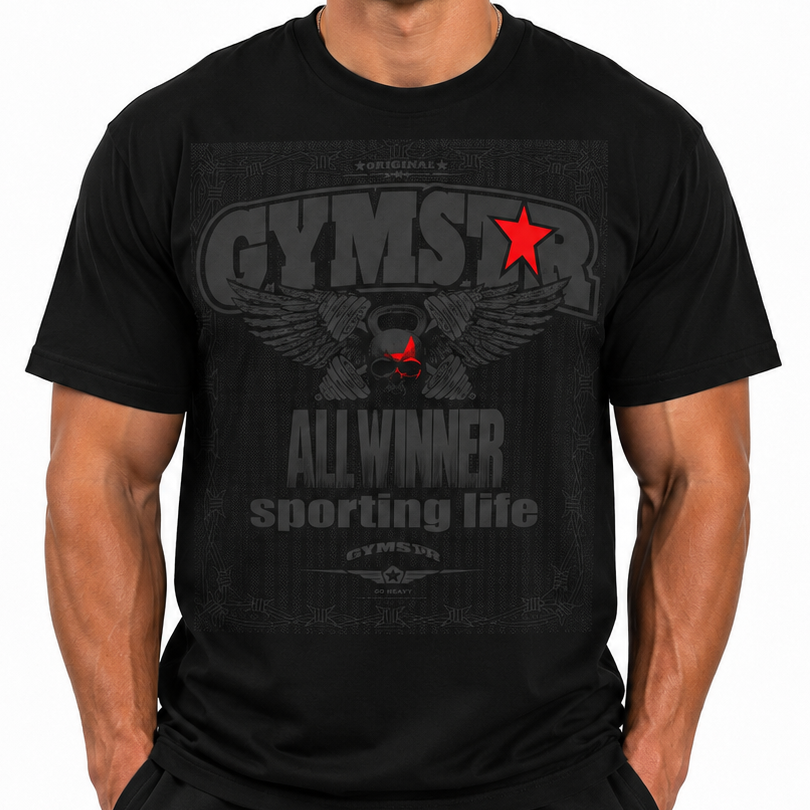 Black t-shirt with 'GYMSTAR' logo featuring an eagle and red star on a white background