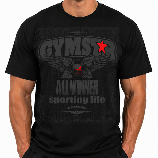 Black t-shirt with 'GYMSTAR' logo featuring an eagle and red star on a white background