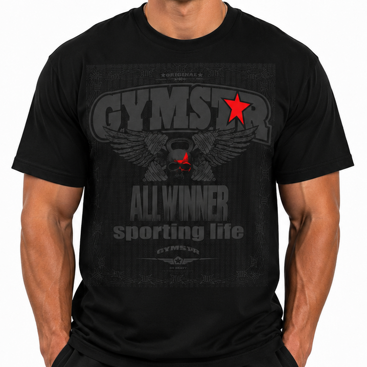 Black t-shirt with 'GYMSTAR' logo featuring an eagle and red star on a white background