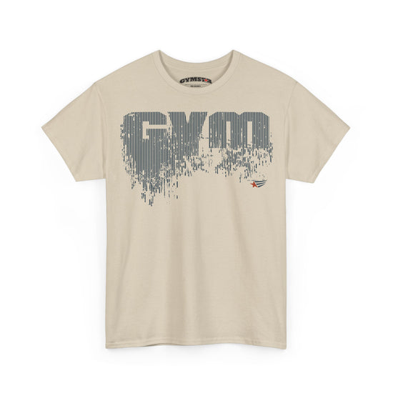 A beige short-sleeve crewneck t-shirt featuring a large distressed gray 'Gym' graphic on the chest, with a small red and blue logo on the lower right of the graphic. The brand name 'GYMMASTER' is visible on the inner neck label.
