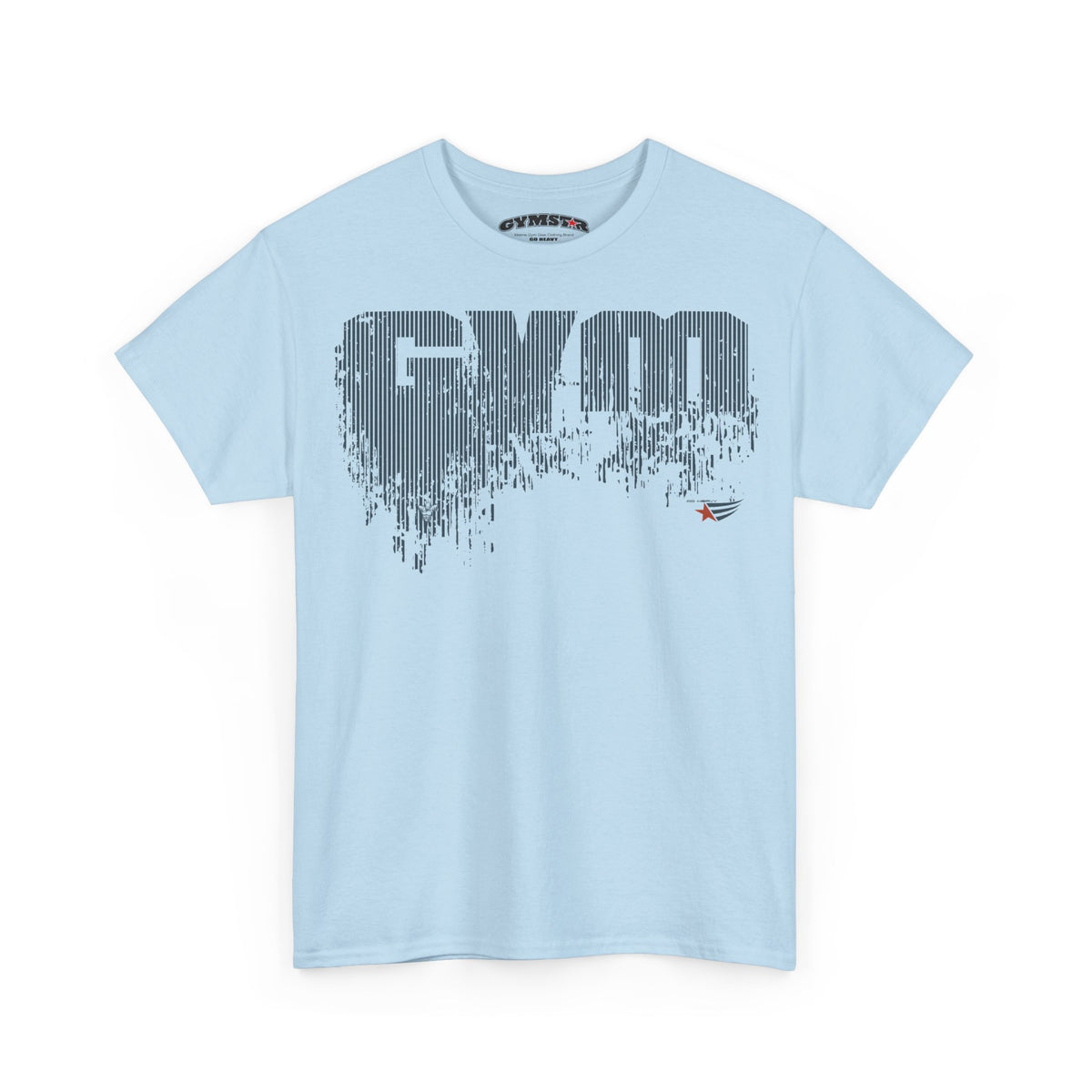 A light blue short-sleeve t-shirt with a large gray 'GYM' graphic made of vertical stripes on the chest, and a small red and blue logo on the lower right of the graphic. The brand name 'GYMMASTER' is visible on the inner neck label.