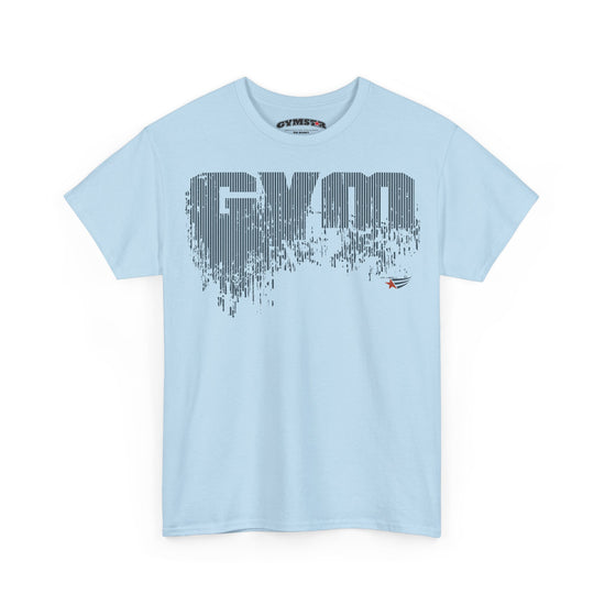 A light blue short-sleeve t-shirt with a large gray 'GYM' graphic made of vertical stripes on the chest, and a small red and blue logo on the lower right of the graphic. The brand name 'GYMMASTER' is visible on the inner neck label.