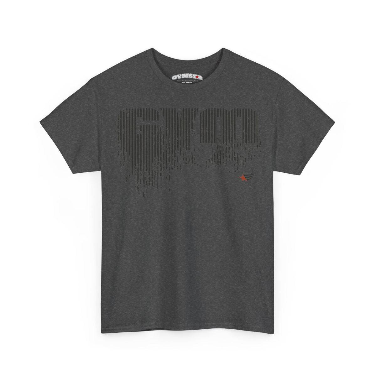 A dark gray crewneck t-shirt with a distressed, pixelated 'GYM' graphic on the chest and a small red logo on the left sleeve, shown against a plain white background.