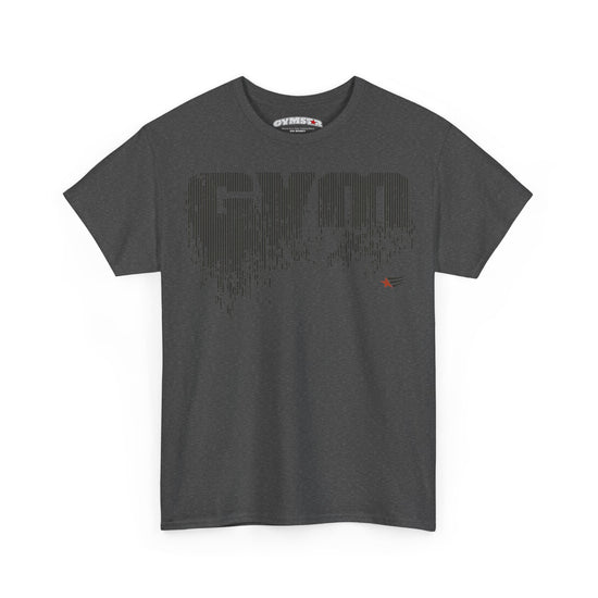 A dark gray crewneck t-shirt with a distressed, pixelated 'GYM' graphic on the chest and a small red logo on the left sleeve, shown against a plain white background.