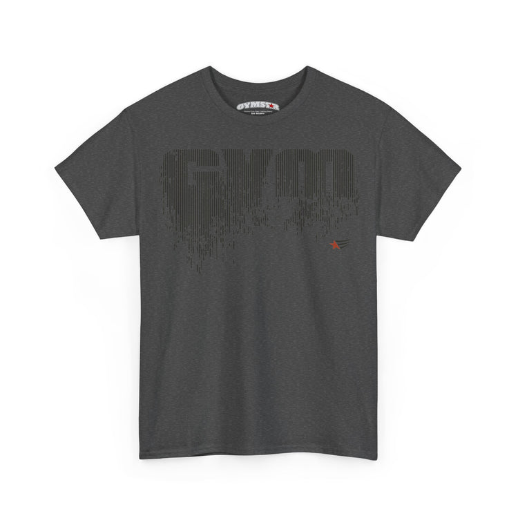 A dark gray crewneck t-shirt with a distressed, pixelated 'GYM' graphic on the chest and a small red logo on the left sleeve, shown against a plain white background.