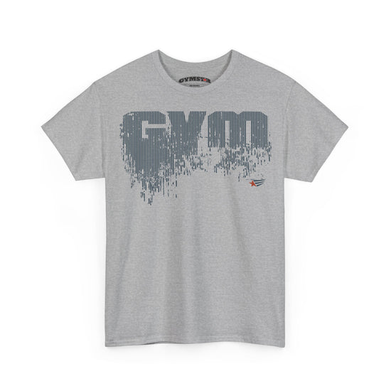 A heather gray short-sleeve t-shirt with a distressed dark gray 'GYM' graphic on the chest, featuring a small red and blue logo on the lower right of the graphic. The brand name 'GYMMASTER' is visible on the inner neck label.