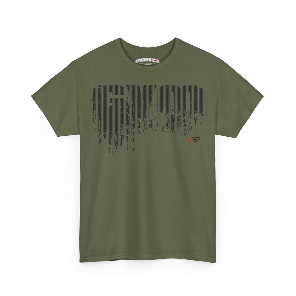 An olive green short-sleeve t-shirt with a large black distressed 'GYM' graphic on the chest and a small red and black logo on the lower right chest, displayed on a clean white background.
