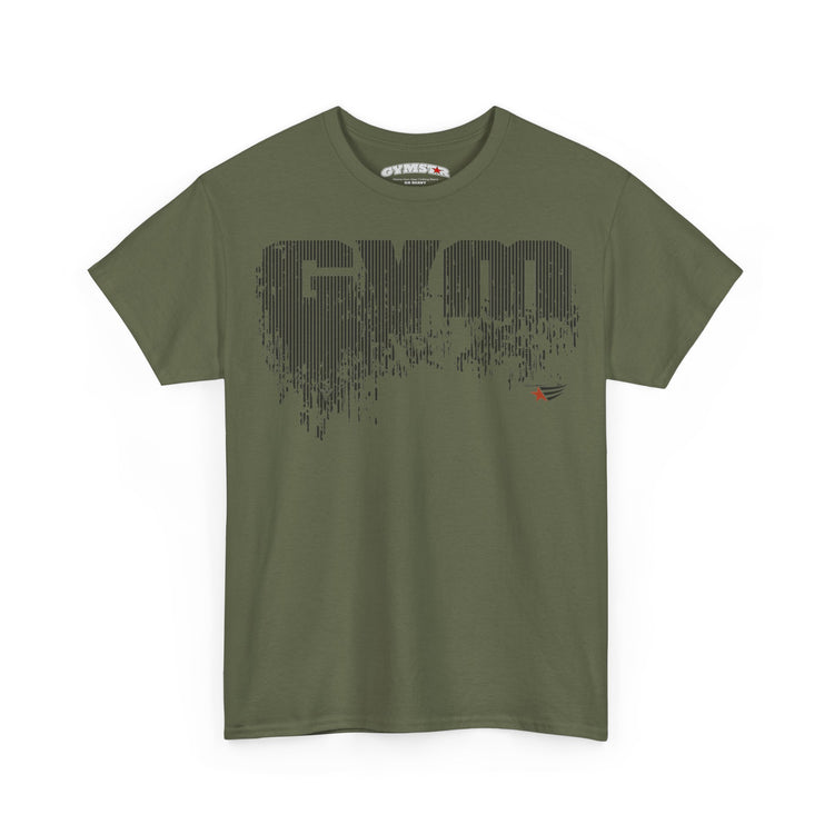 An olive green short-sleeve t-shirt with a large black distressed 'GYM' graphic on the chest and a small red and black logo on the lower right chest, displayed on a clean white background.