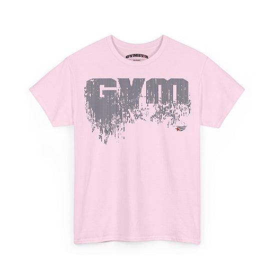 A light pink short-sleeve t-shirt with a large gray 'GYM' graphic printed on the chest, featuring a vertical dripping/digital glitch effect. A small red and white logo is visible on the lower right of the graphic.