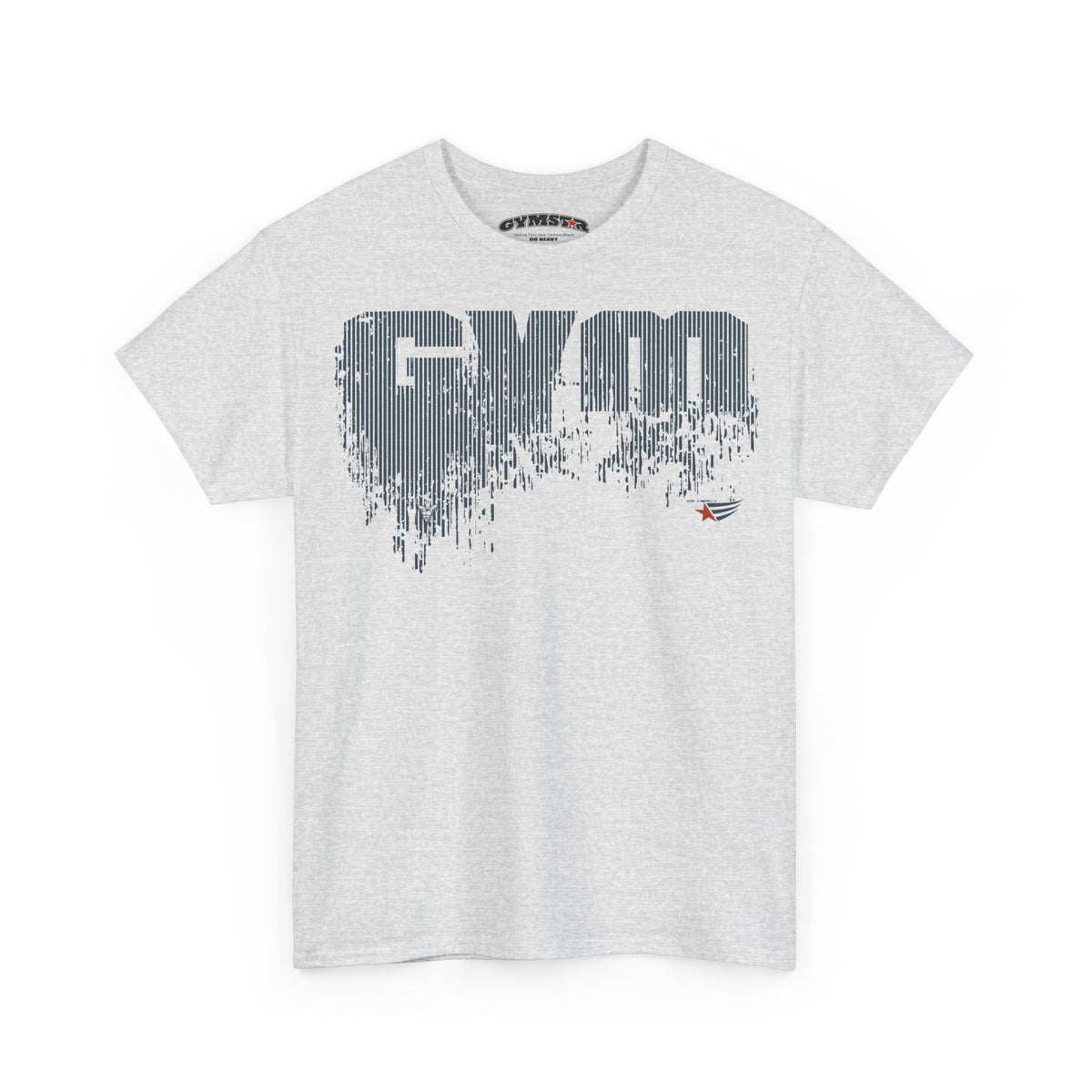 A light gray heather crewneck t-shirt featuring a large, stylized 'GYM' graphic in dark gray with a dripping paint effect on the chest, and a small red and white logo on the lower right of the graphic.