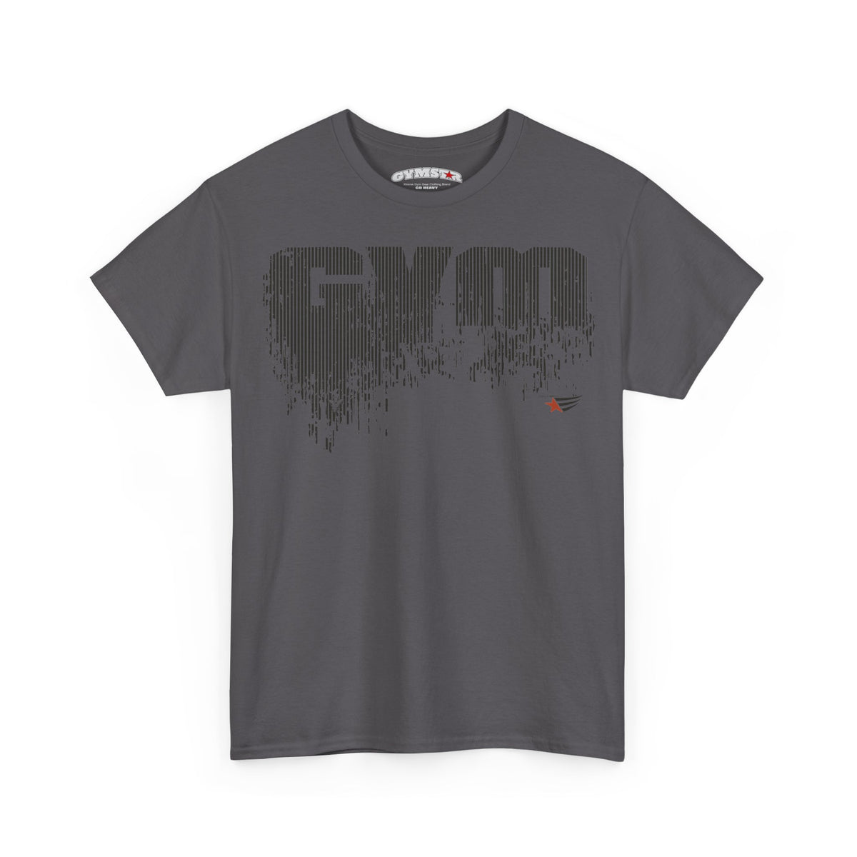 A dark gray crewneck t-shirt featuring a stylized, pixelated 'GYM' graphic in black across the chest, with a small red and black logo on the right side of the chest. The shirt is displayed flat against a solid white background.