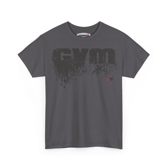 A dark gray crewneck t-shirt featuring a stylized, pixelated 'GYM' graphic in black across the chest, with a small red and black logo on the right side of the chest. The shirt is displayed flat against a solid white background.
