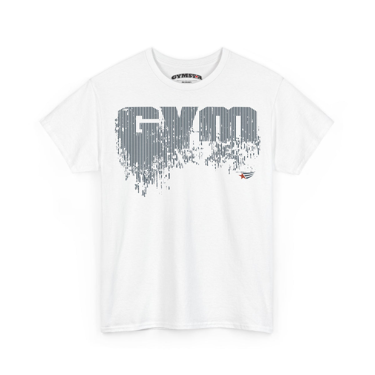 A white short-sleeve crewneck t-shirt featuring a large gray vertical-stripe graphic spelling 'GYM' across the chest, with a small red and blue logo on the lower right of the graphic. The brand name 'GYMMASTER' is visible on the inner neck label.