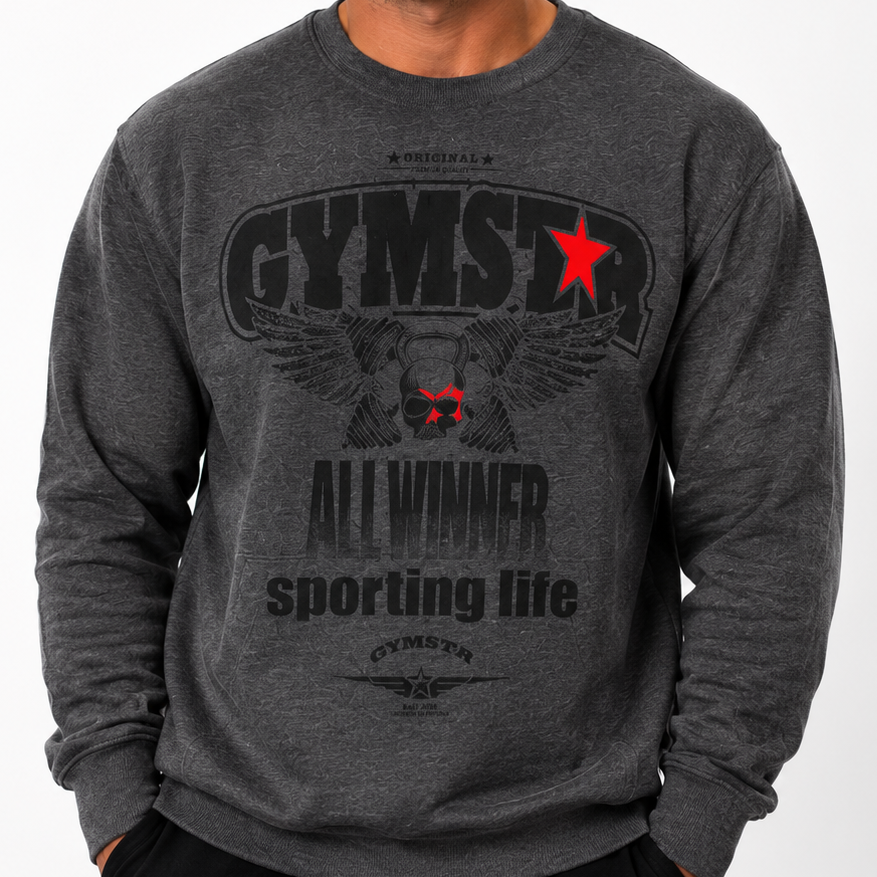 Man wearing a gray Gymstar sweatshirt with text and graphics on a white background