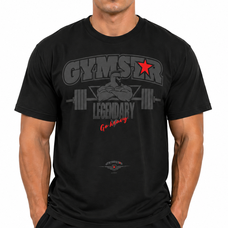 Man wearing a black t-shirt with 'Gymster Legendary' graphic on a white background