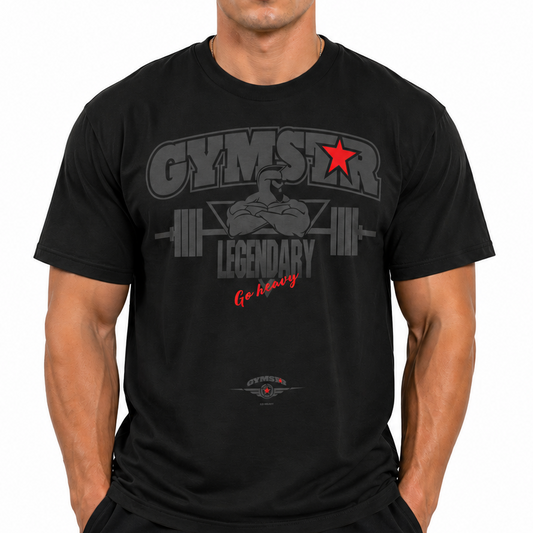 Man wearing a black t-shirt with 'Gymster Legendary' graphic on a white background