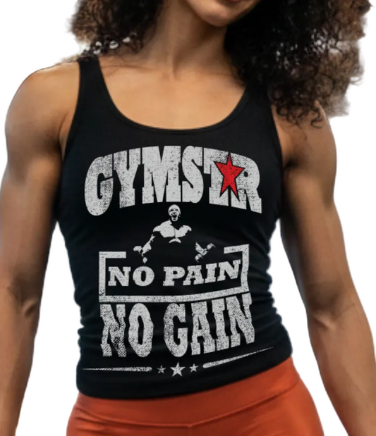 Woman in a gym wearing an 'Gymstar' tank top and orange leggings.