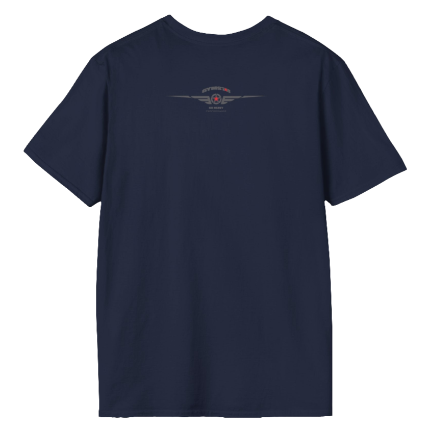 A navy blue Gymstar fitness t-shirt with the brand logo and a motivating design Training Day. Rear view.