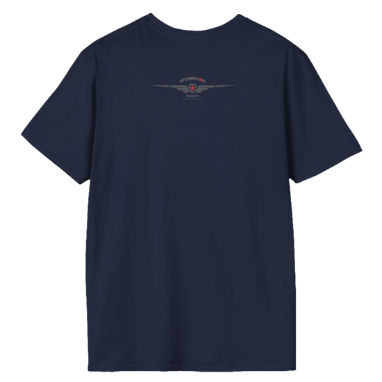 A navy blue Gymstar fitness t-shirt with the brand logo and a motivating design Training Day. Rear view.