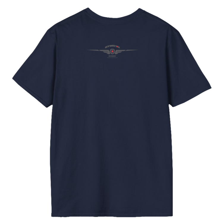 A navy blue Gymstar fitness t-shirt with the brand logo and a motivating design Training Day. Rear view.