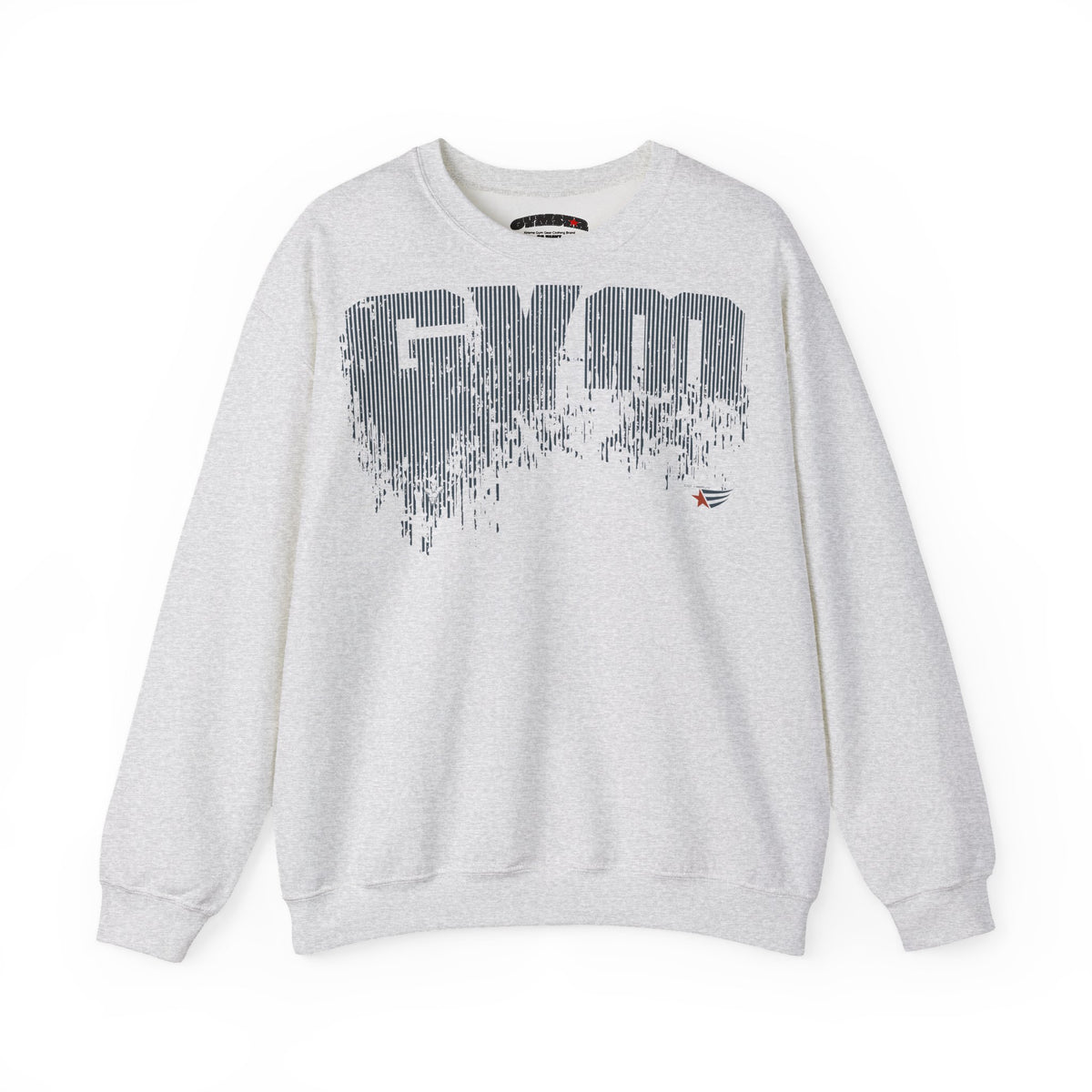 A light gray heather crewneck sweatshirt featuring a large distressed 'GYM' graphic in dark gray on the chest, with a small red and white logo on the lower right of the graphic.