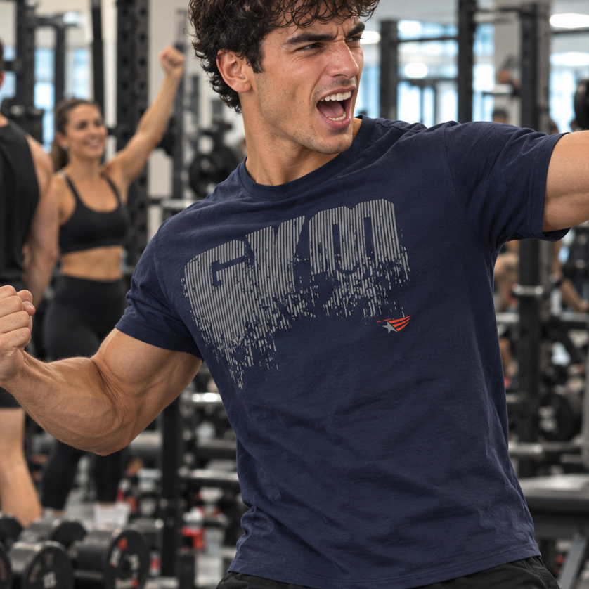 Luca Moretti celebrating in a gym, wearing a navy blue GYMSTAR T-shirt with a distressed GYM graphic, shouting triumphantly with arms outstretched while other athletes train in the background.