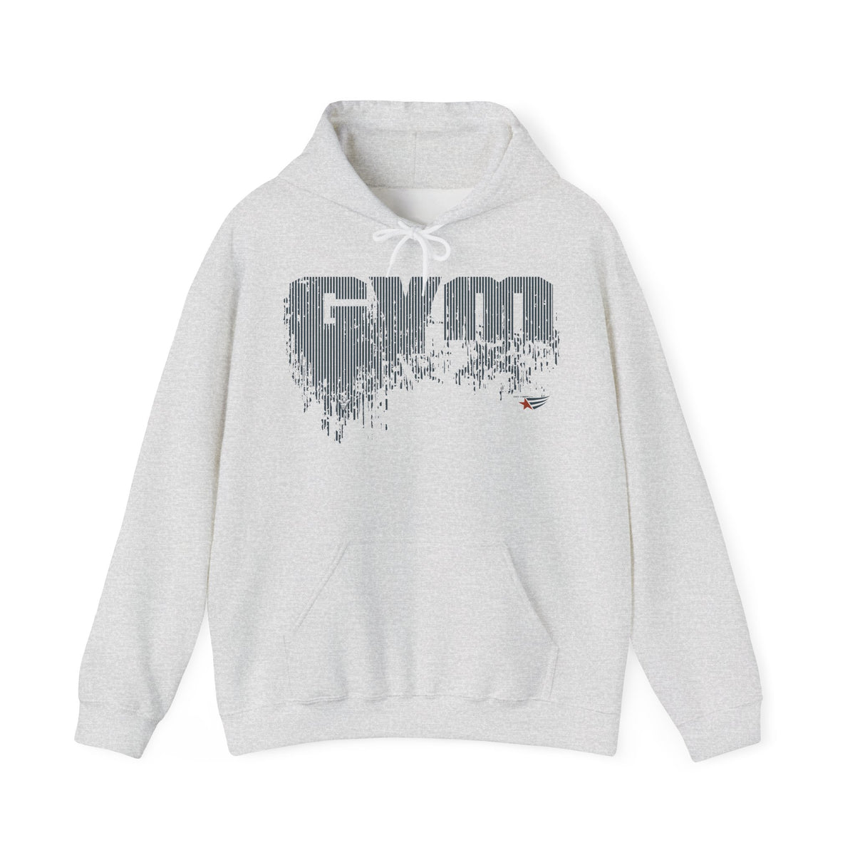 A light heather gray pullover hoodie with a distressed dark gray 'GYM' graphic on the chest and a small red and blue logo accent, displayed on a clean white background.