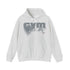 A light heather gray pullover hoodie with a distressed dark gray 'GYM' graphic on the chest and a small red and blue logo accent, displayed on a clean white background.