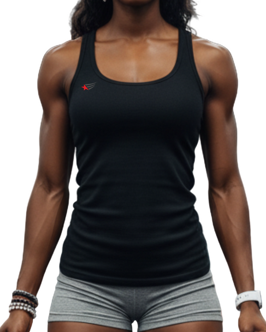 Woman in a gym wears Gymstar fitness TankTop holding resistance bands and a water bottle