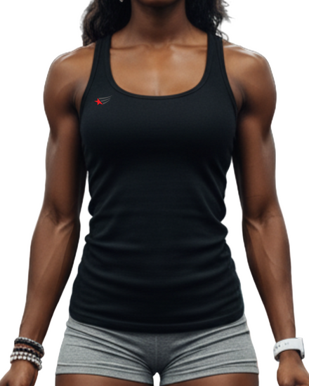Woman in a gym wears Gymstar fitness TankTop holding resistance bands and a water bottle