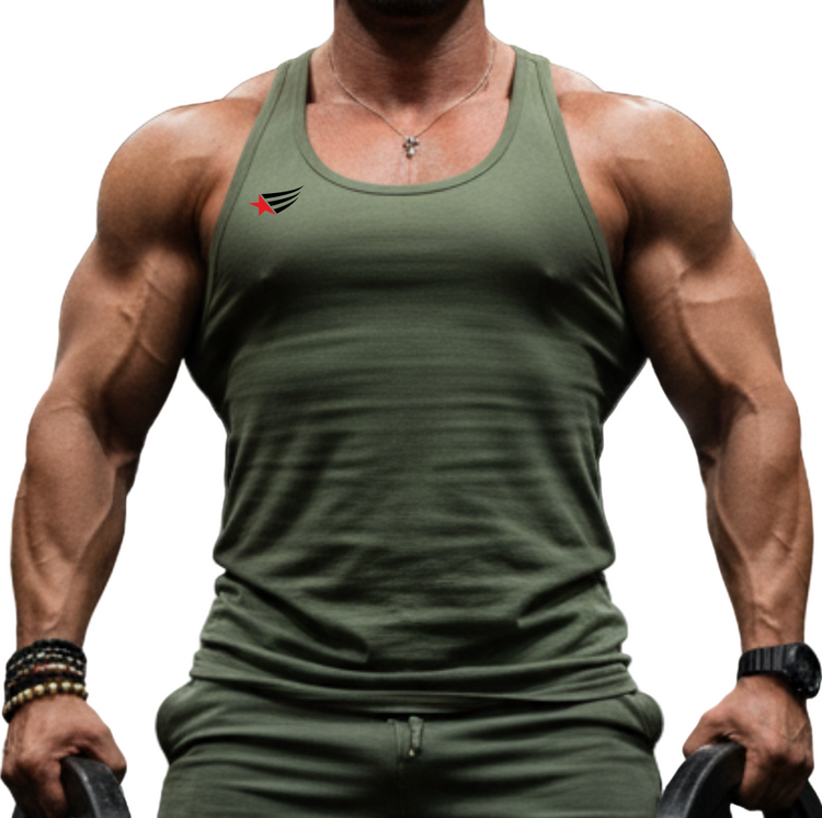 Muscular man in a gym wears Gymstar fitness tank top holding weight plates, wearing green athletic wear.