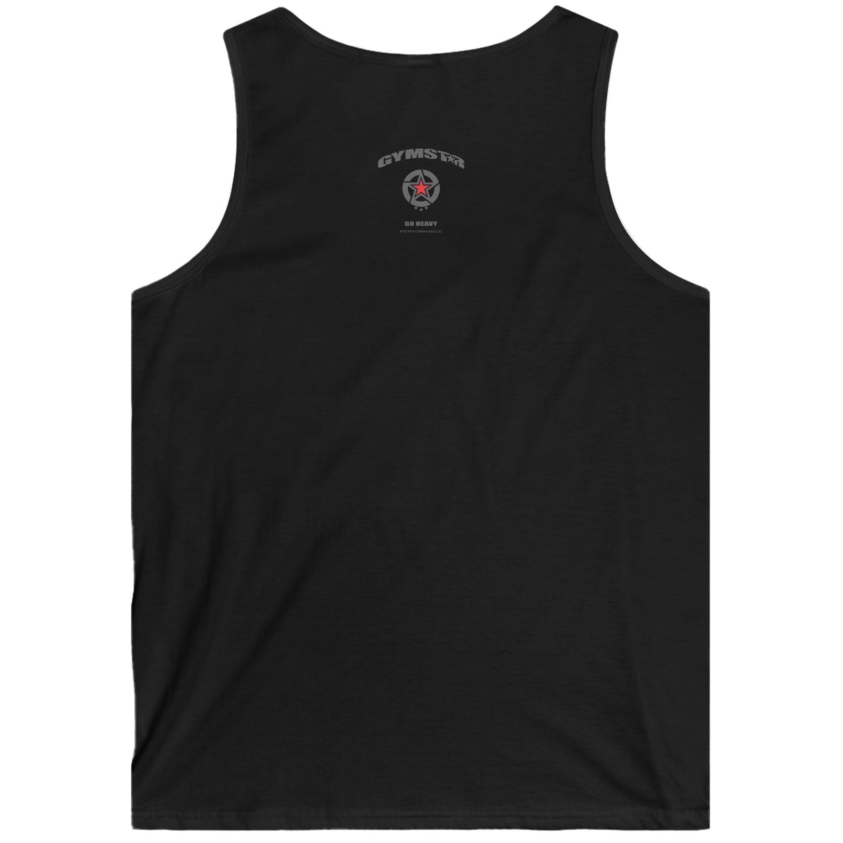 Black Gymstar fitnes tank top with a logo on the back against a white background