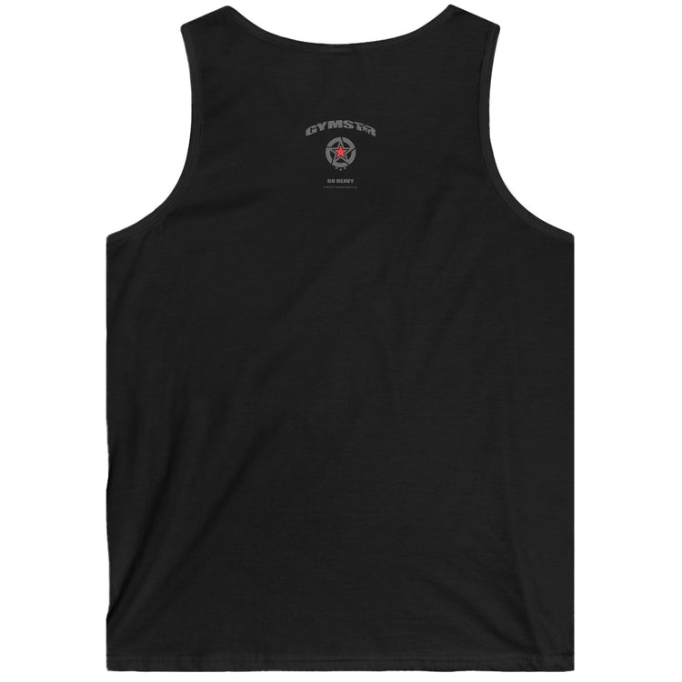 Black Gymstar fitnes tank top with a logo on the back against a white background