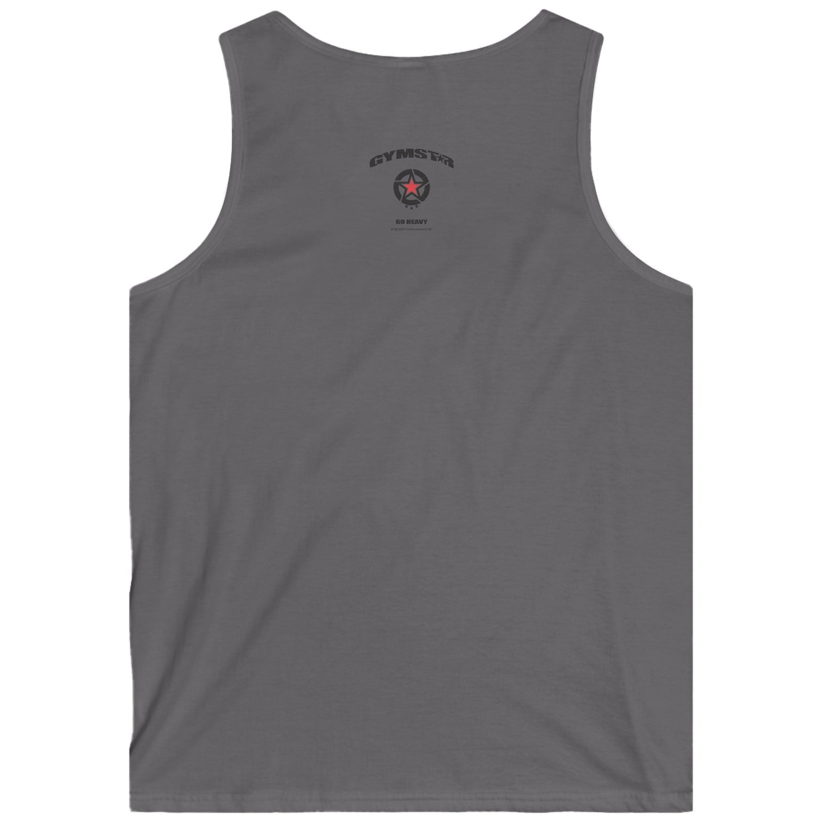 Gray Gymstar fitness tank top with a logo on the back against a white background