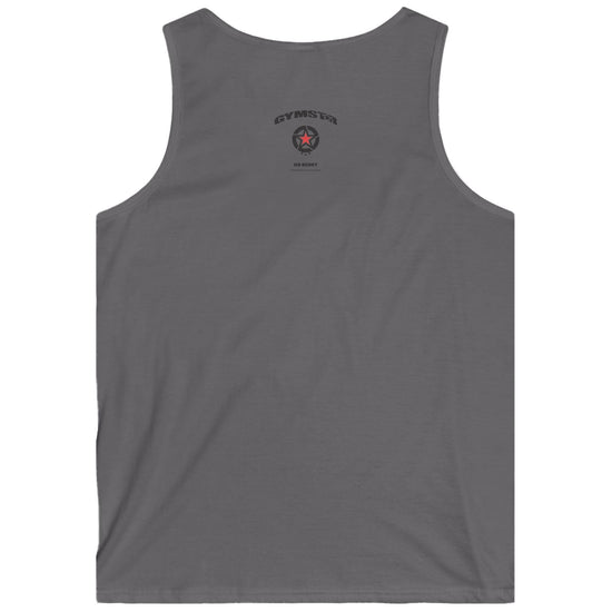 Gray Gymstar fitness tank top with a logo on the back against a white background