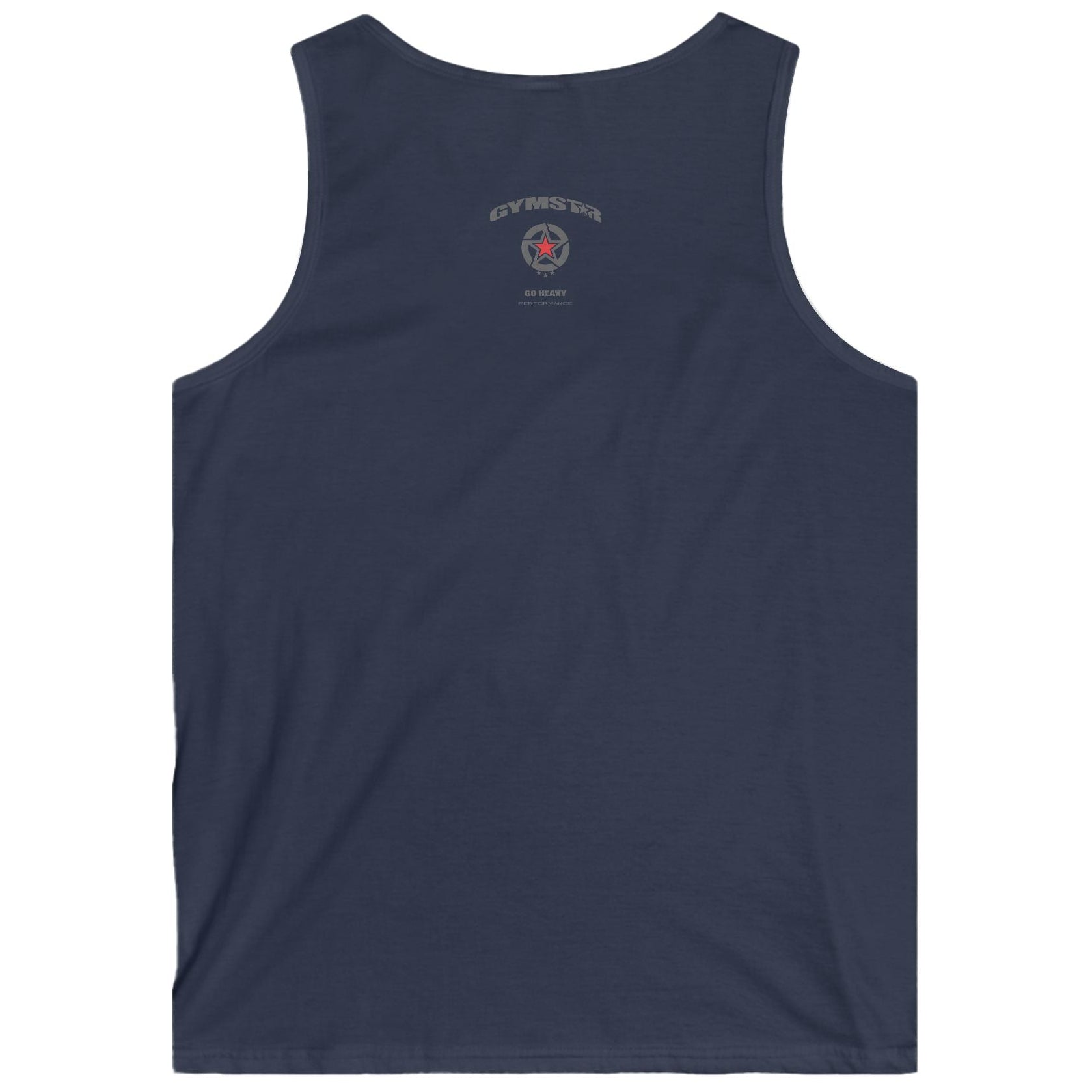 Navy Gymstar fitness tank top with a logo on the back against a white background