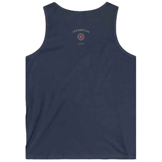 Navy Gymstar fitness tank top with a logo on the back against a white background