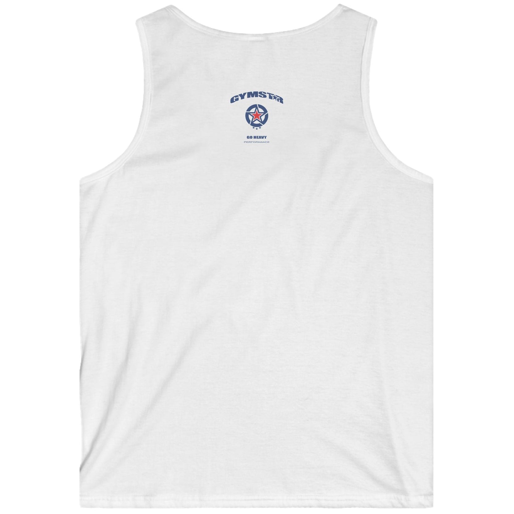 White Gymstar fitness tank top with a logo on the chest against a white background