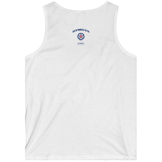 White Gymstar fitness tank top with a logo on the chest against a white background