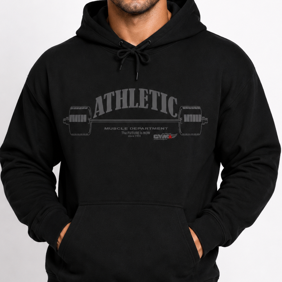 Man wearing a black Gymstar hoodie with 'Athletic' text on a white background