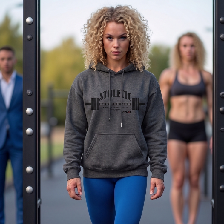 Woman in Gymsta Athletic hoodie  walking through a fitness facility with blurred people in the background