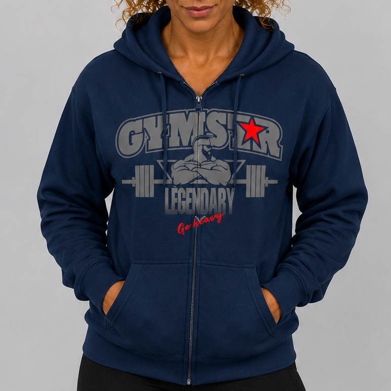 Woman wearing a navy blue hoodie with 'Gymstar Legendary' text and graphics on a gray background