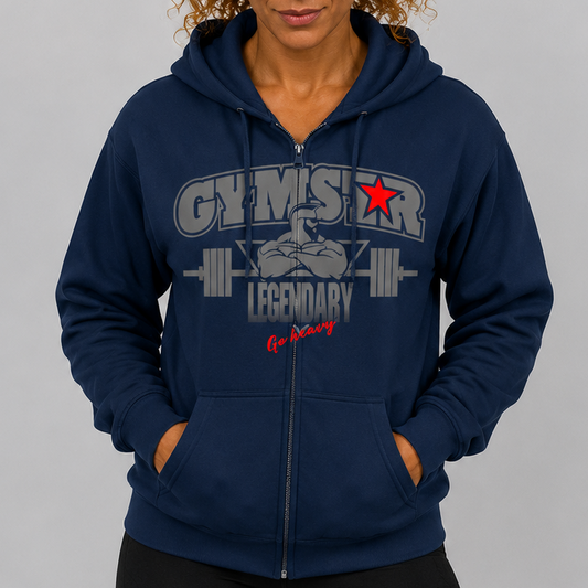 Woman wearing a navy blue hoodie with 'Gymstar Legendary' text and graphics on a gray background