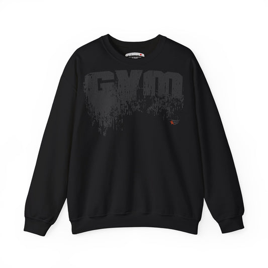 A black crewneck sweatshirt featuring a large, stylized distressed 'GYM' graphic in dark gray across the chest, with a small red and blue logo on the right side of the chest, displayed on a clean white background.