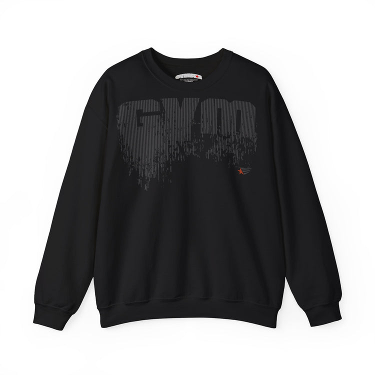 A black crewneck sweatshirt featuring a large, stylized distressed 'GYM' graphic in dark gray across the chest, with a small red and blue logo on the right side of the chest, displayed on a clean white background.