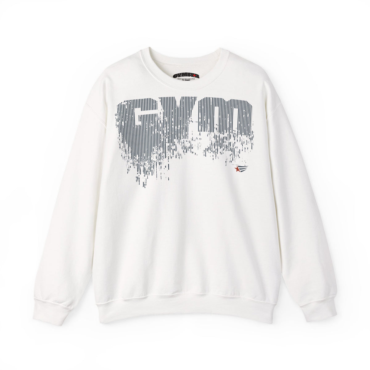 An off-white crewneck sweatshirt featuring a large, stylized 'GYM' graphic in gray with a vertical striped texture and a paint-splatter effect at the bottom. A small red and blue logo is visible on the right chest.
