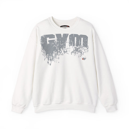 An off-white crewneck sweatshirt featuring a large, stylized 'GYM' graphic in gray with a vertical striped texture and a paint-splatter effect at the bottom. A small red and blue logo is visible on the right chest.