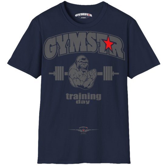 A navy blue Gymstar fitness t-shirt with the brand logo and a motivating design Training Day. Front over view.